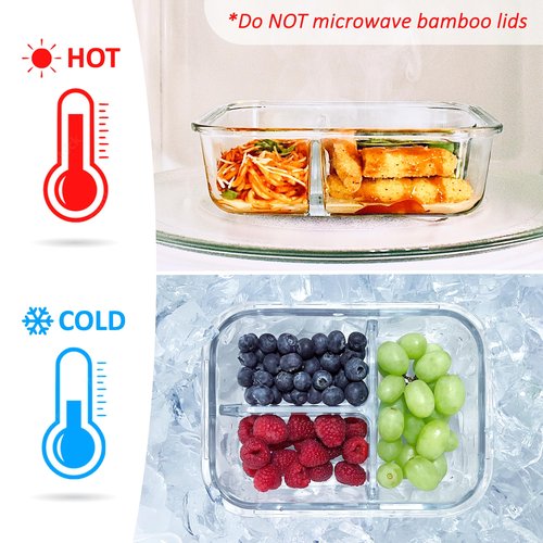 EcoPreps Large Glass Bento Box Containers with Bamboo Lids, 3 Compartment Glass Meal Prep Container Set (2 Pack, XL) - 100% Plastic Free, Eco-Friendly Lunch Containers, Bento Boxes for Adults