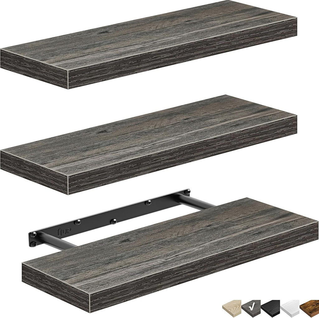 QEEIG Floating Shelves - Stylish Wall Storage for Bathroom, Bedroom & Kitchen - 16 Inch Set of 3, Grey
