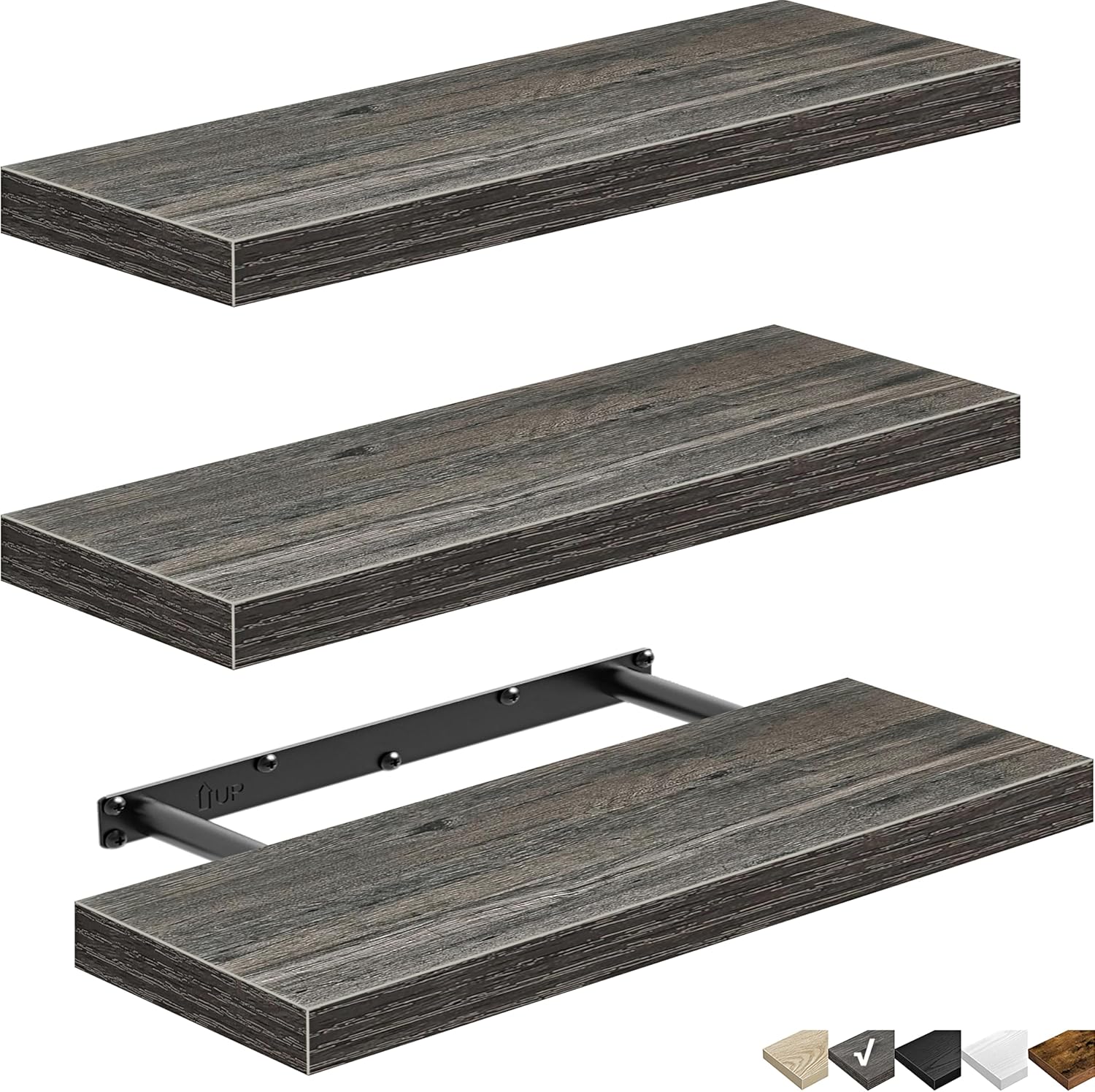 QEEIG Floating Shelves - Stylish Wall Storage for Bathroom, Bedroom & Kitchen - 16 Inch Set of 3, Grey