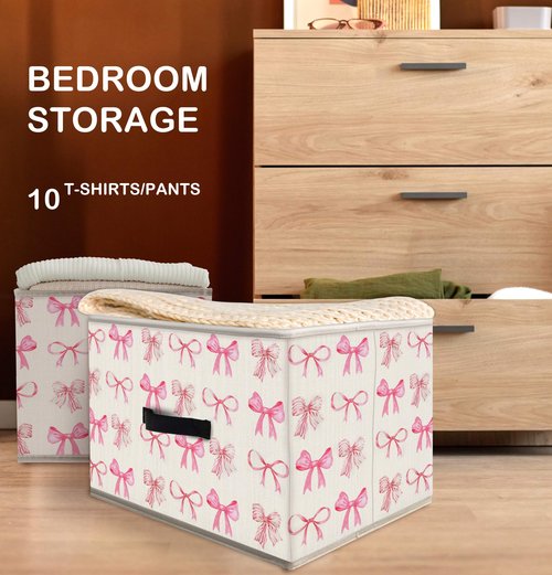 Nogrit Coquette Pink Bow Storage Bins Box, Toybox for Girls, Preppy Pink Foldable Baskets Organizer Container with Handles for Girls Bedroom Dorm Bathroom Clothes Toys Books