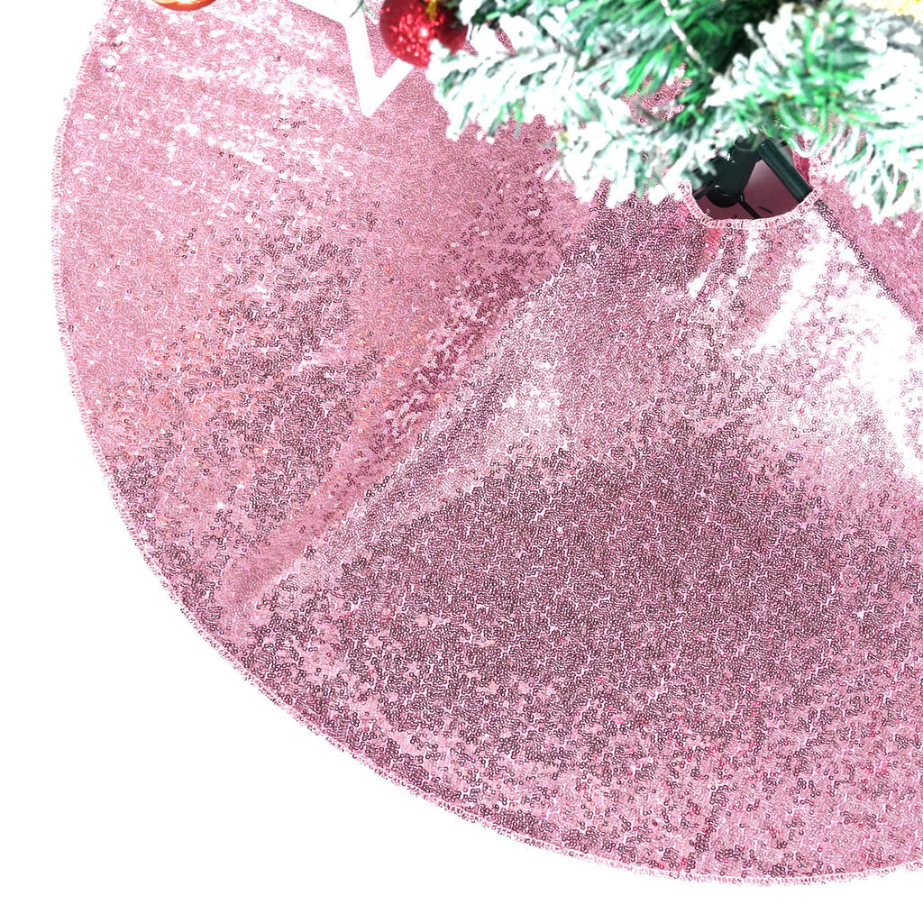 PartyDelight Christmas Tree Skirt Pink 24 inch Round Sparkly Fuchsia Pink Sequin Small Ornaments Xmas New Years Party Decorations
