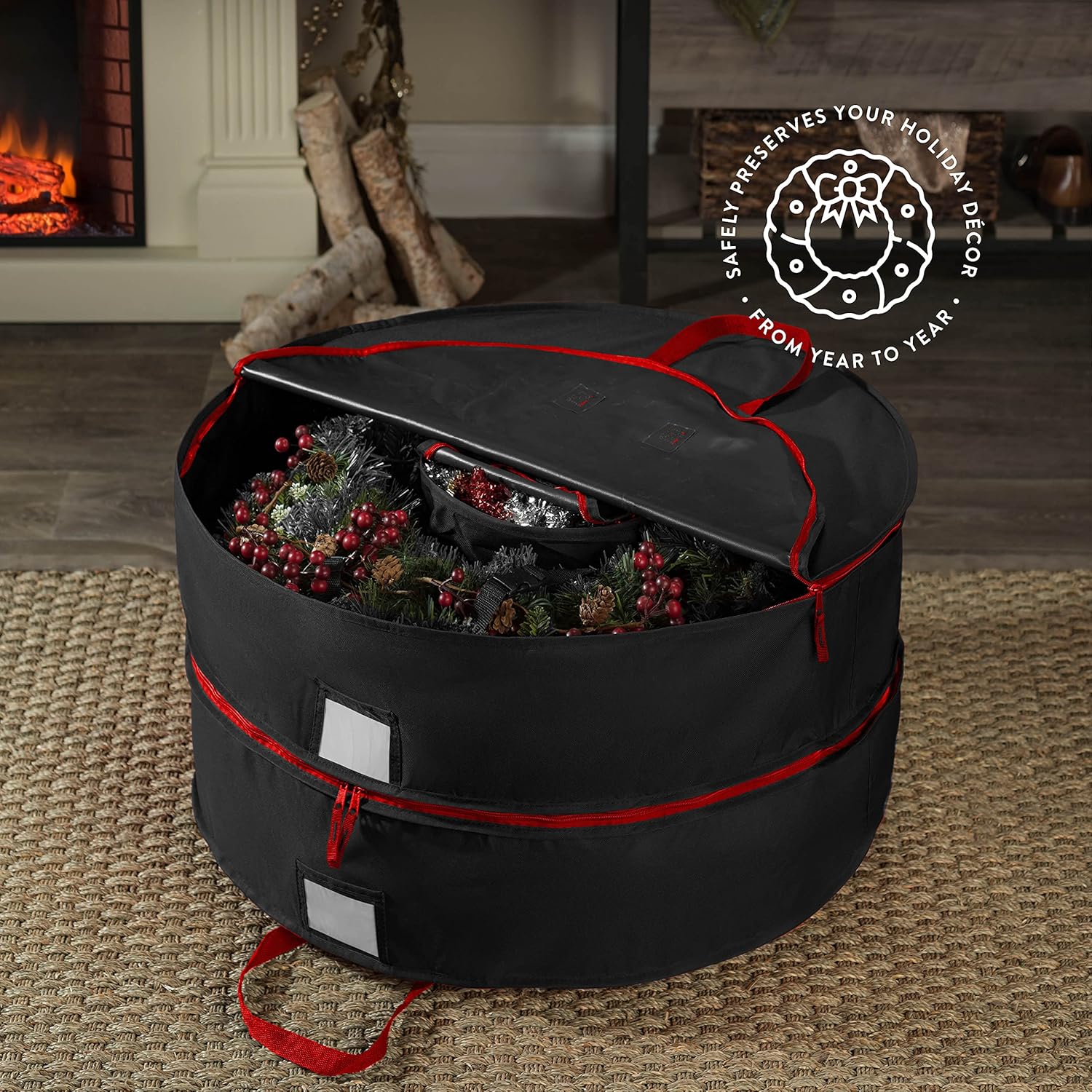 ZOBER Christmas Wreath Storage Container - 30 Inch Wreath Bag for 2 Wreaths | Durable 600D Oxford Fabric - Black with Strong Handles