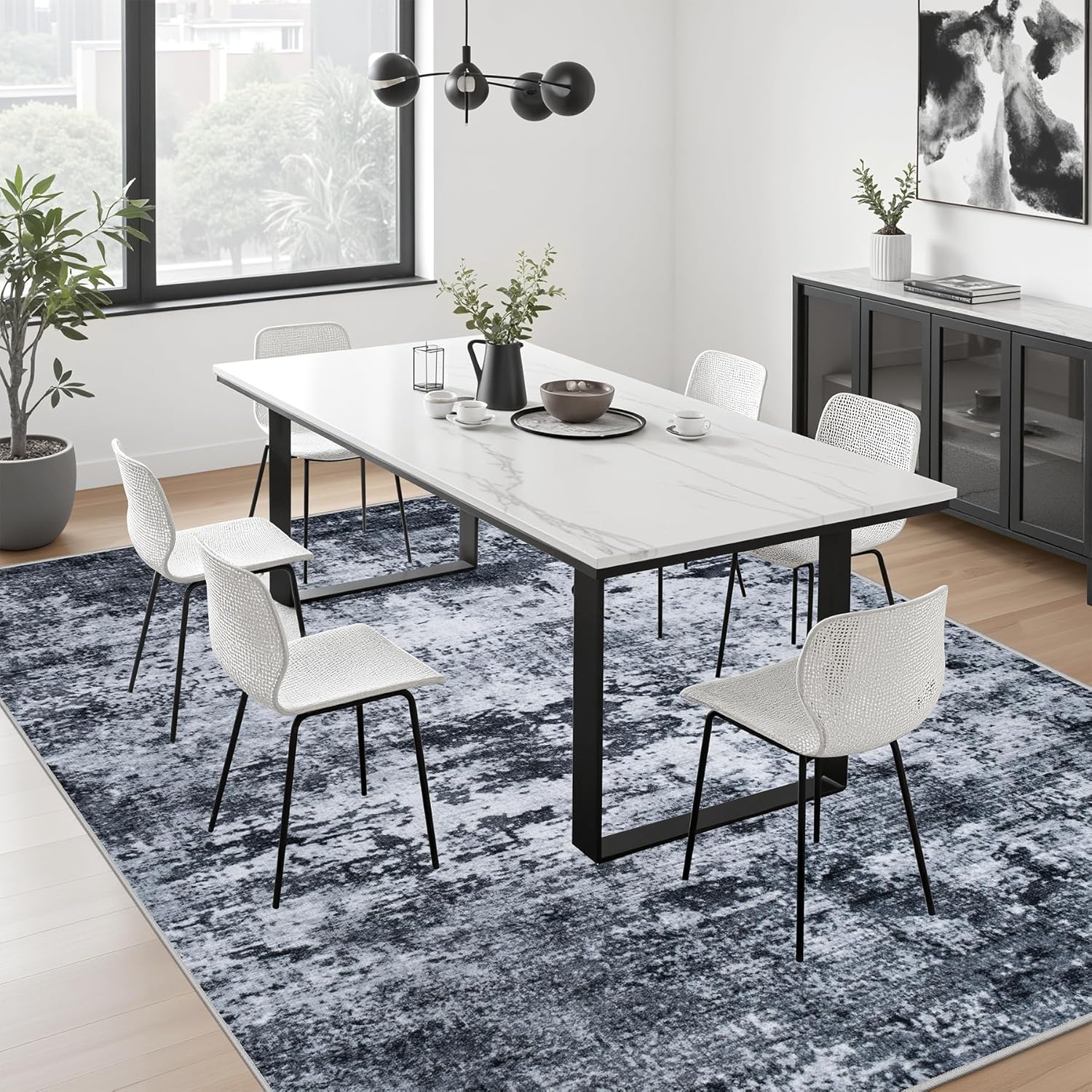 Skiennix 5x7 Area Rug - Washable Modern Abstract Design | Soft, Stain-Resistant Carpet for Living Room, Bedroom, Office - Black