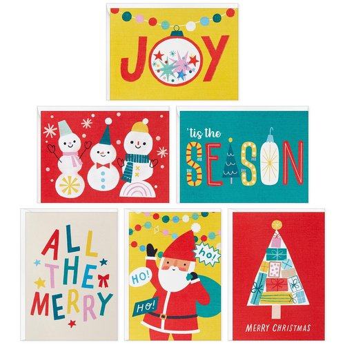 Hallmark Festive Fun Boxed Christmas Card Assortment (36 Cards and Envelopes) Red, Green, Yellow, Snowmen, Santa