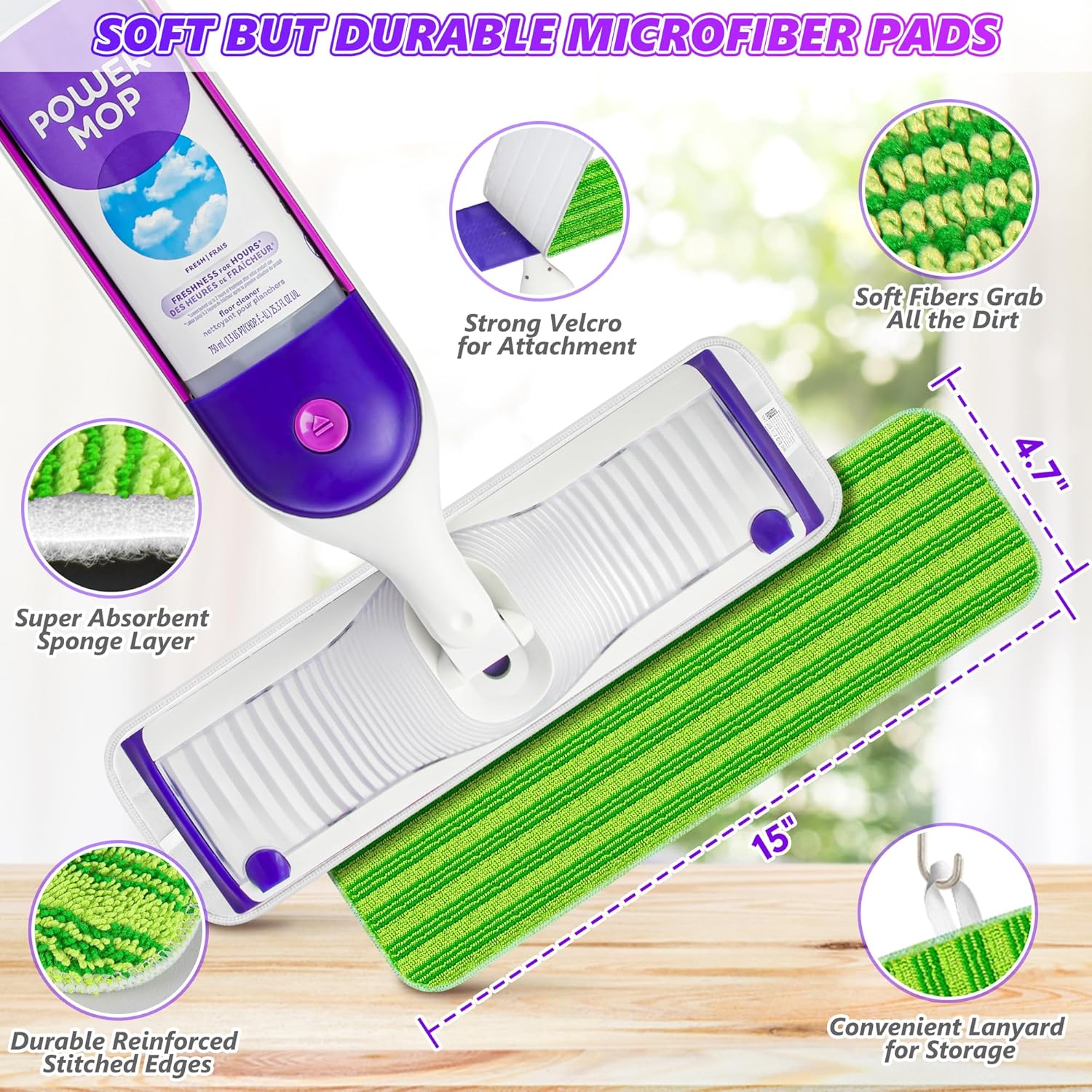 SEVENMAX Reusable Microfiber Mop Pads - 15" Washable Replacement Heads for Swiffer PowerMop | 8-Pack for Wood Floor Cleaning