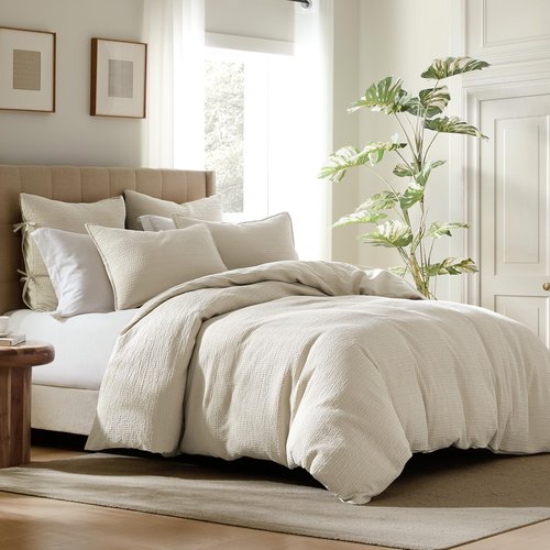 WDCOZY 100% Cotton Luxury Honeycomb Duvet Cover Set Queen Size with Hidden Zipper, Neutral Beige Waffle Weave Bedding, Textured Soft and Breathable Washed, Linen Like, 3 Pieces, 90x90 inches