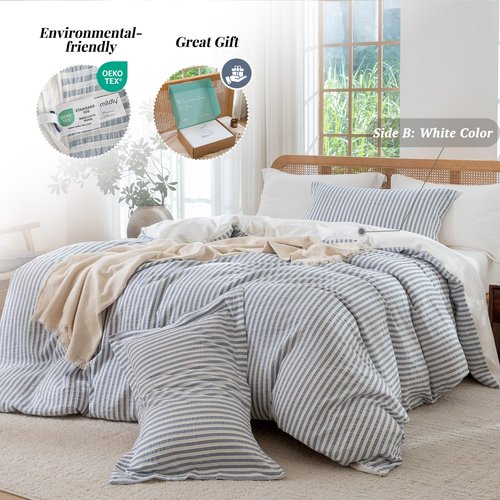 MILDLY Blue Striped Duvet Cover - 100% Washed Cotton Jacquard Boho Textured Comforter Cover 3pcs with Zipper Closure 90"x90"