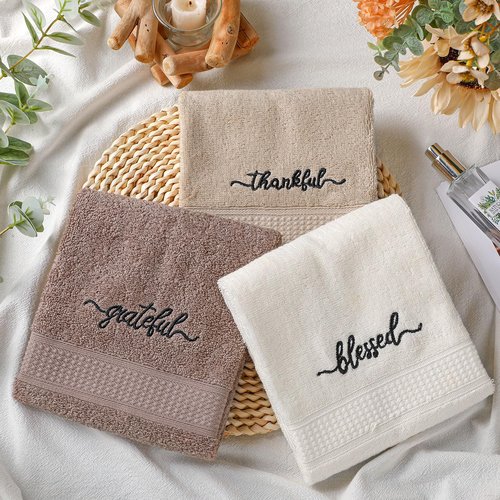 Peryiter 3 Pcs Farmhouse Bathroom Decor Hand Towels 14x29 Inch Cotton Bath Towels Rustic Embroidered for Boho Kitchen Decor Inspirational Christian Gift (Brown Series,Blessed Thankful Grateful)