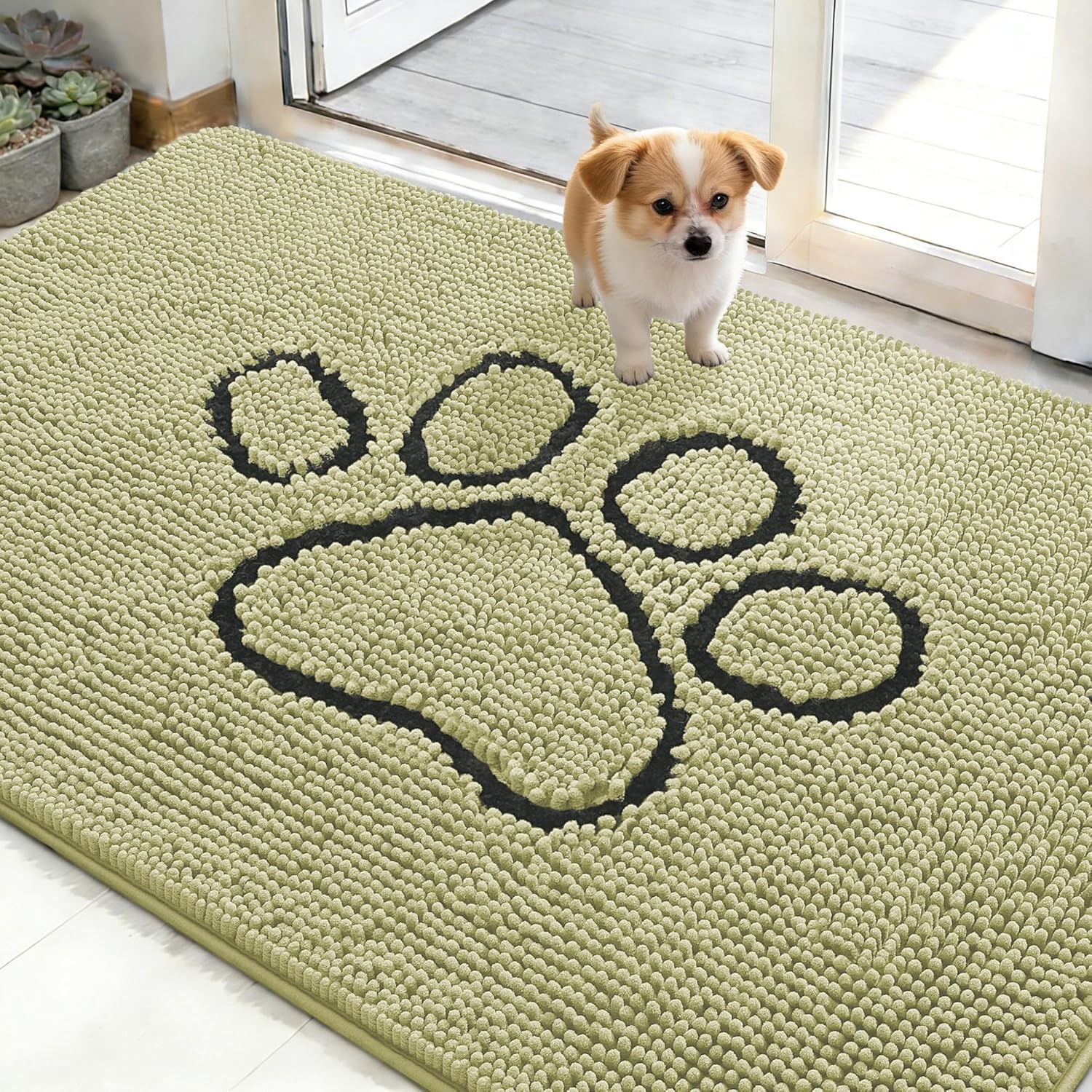 OLANLY Dog Door Mat - Absorbent Non-Slip Mud Mat for Muddy Paws | 48x30 Paw Print Design in Vanilla