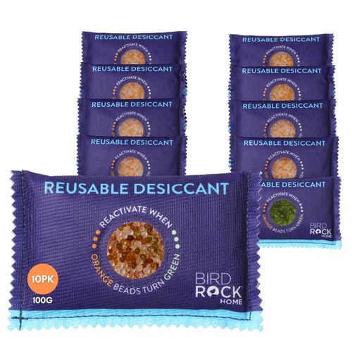 BIRDROCK HOME Reusable Desiccant Pack 100g (10-Pack) – Silica Gel Moisture Absorber & Humidity Control Packs for Electronics, Camera Bags, Gun Safes, Luggage & Storage