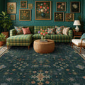 Hazo Haus Dark Green Oushak Area Rug - Modern Vintage Boho Floral Design, 10x14 Washable Non-Slip Extra Large Rug
