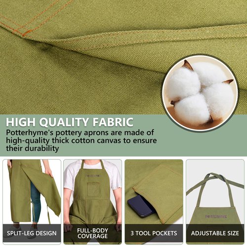 Potterhyme Full Coverage Pottery Apron Split Leg - 100% Cotton Canvas Potter's & Ceramics Apron with Pockets for Women & Men (Black)