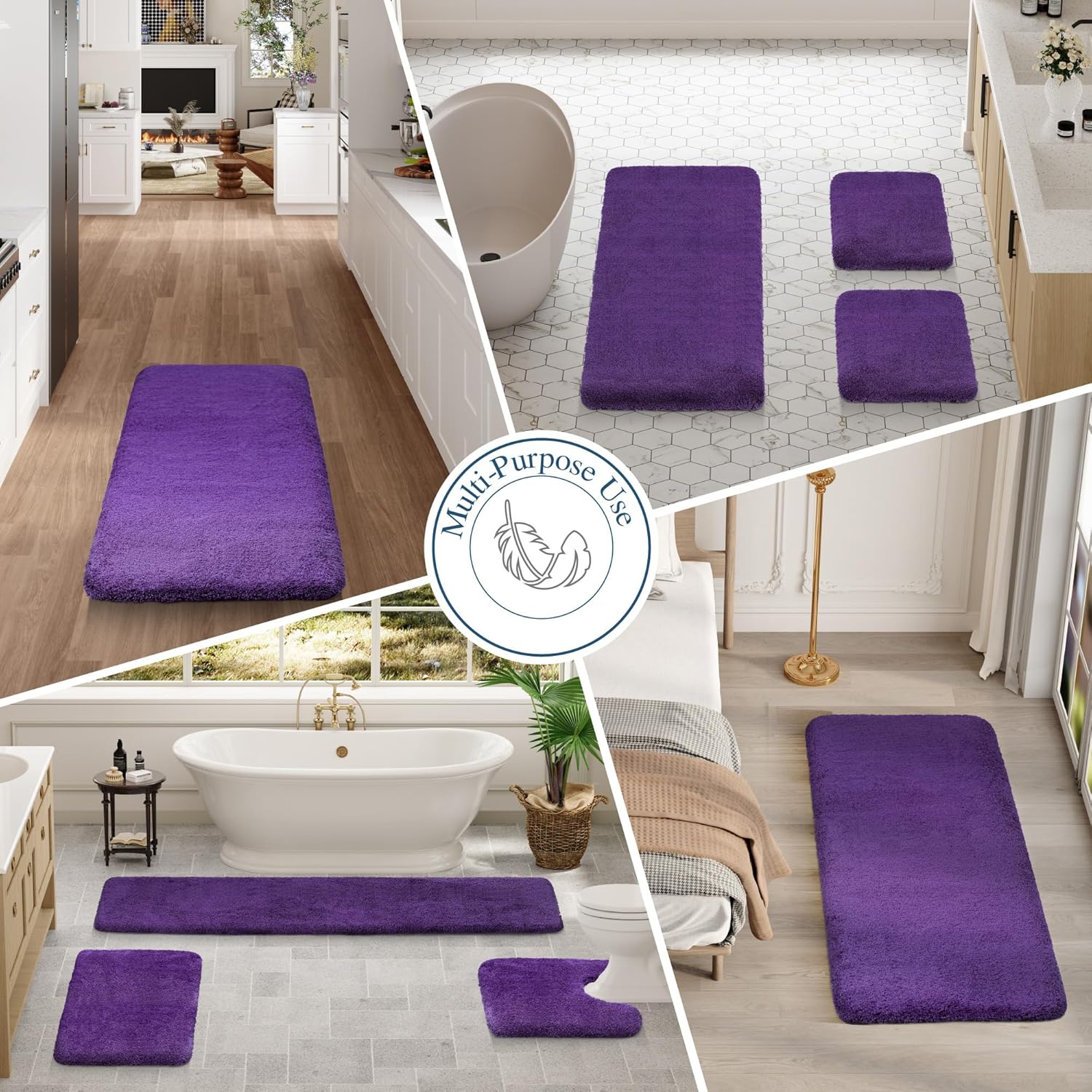 Walensee Non-Slip Bath Mat - Soft Microfiber Shaggy Rug | Water Absorbent, Machine Washable (16 x 24, Dark Purple)