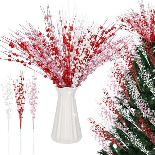 Wavwavw 18 Pcs Mother's Day Decoration Valentines Day Floral Picks Tree Decorations 17 Inch Red and Pink Glitter Berry Spray Picks Christmas Decor for Tree Wreaths Centerpieces Wedding Anniversary