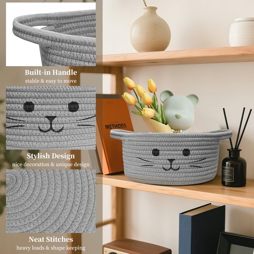 BYLSSNUK 9.8" x 4" Small Cat Toy Basket - Gift Baskets Empty for Baby Shower Baby Baskets for Nursery Cute Woven Rope Storage Basket for Home Decor, Cat Pet toy box, Grey Easter basket, 1Pack