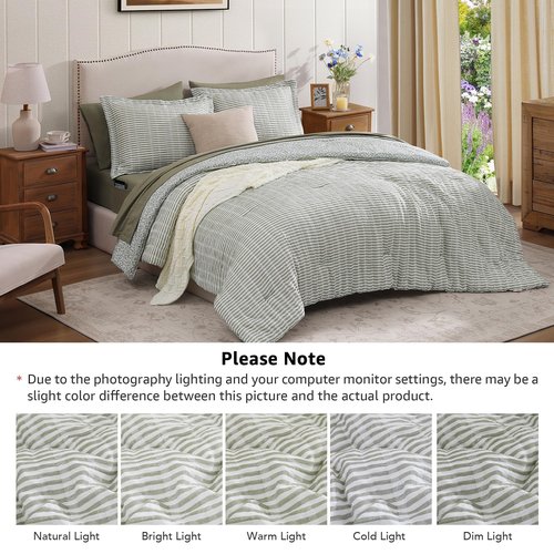 BLOOMHAVEN Queen Comforter Set - 7 Pieces Green Bedding Sets for All Seasons, Lightweight Soft Bed in a Bag Queen with Revesible Farmhouse Comforter, Sheets, Pillowcases & Shams