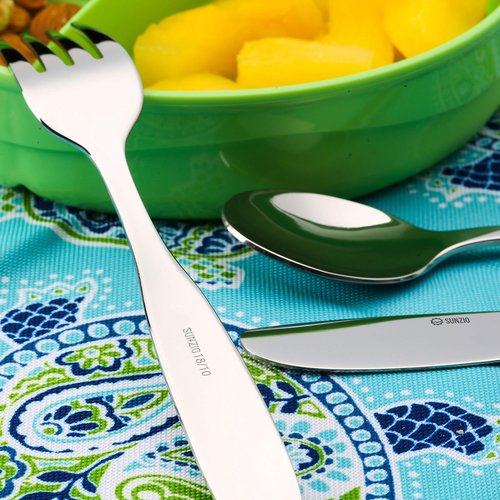 SunZio Kids Silverware Set, 18/10 Stainless Steel 12 Piece Cutlery Set with 4 Forks, 4 Spoons, 4 Small Knives, Toddler Metal Travel Utensils with Case, Child Safe Flatware, Dishwasher Safe, 1 Set
