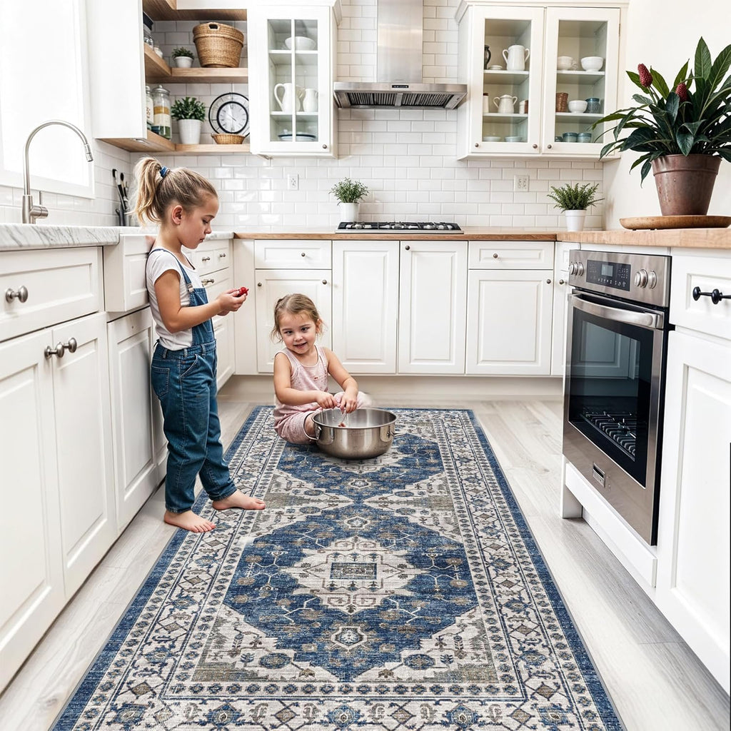 Skiennix Washable 4x8 Hallway Runner Rug - Vintage Soft Non-Slip Carpet for Entryway & Kitchen | Blue