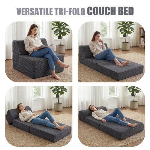 Kasunpul Folding Sofa Bed with Pillow, Memory Foam Fold Out Chair Bed, Convertible Sleeper Chair with Washable Cover, Futon Floor Couch for Living Room/Dorm/Guest Use/Home Office/Apartment, Gray