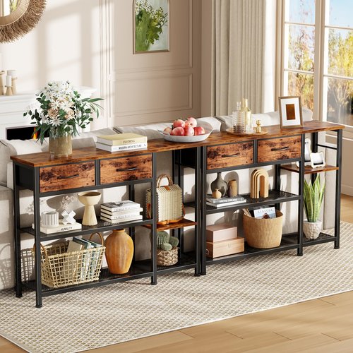 Furnulem 44'' Entryway Table, Industrial Console Sofa Table with Metal Mesh Storage Shelves, Shoe Rack Display Shelf for Front Door, Couch, Kitchen, Fabric Drawers, Rustic Brown