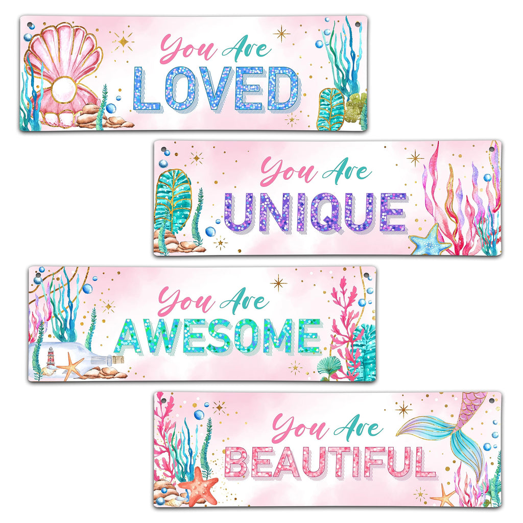 4 Pieces Mermaid Girls Bathroom Room Decor, 11.8" x 3.9" Under the Sea Wall Decor Wood Sign, Motivational Wall Art For Kids Room Nursery Playroom Classroom-A07
