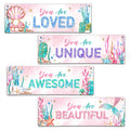 4 Pieces Mermaid Girls Bathroom Room Decor, 11.8" x 3.9" Under the Sea Wall Decor Wood Sign, Motivational Wall Art For Kids Room Nursery Playroom Classroom-A07
