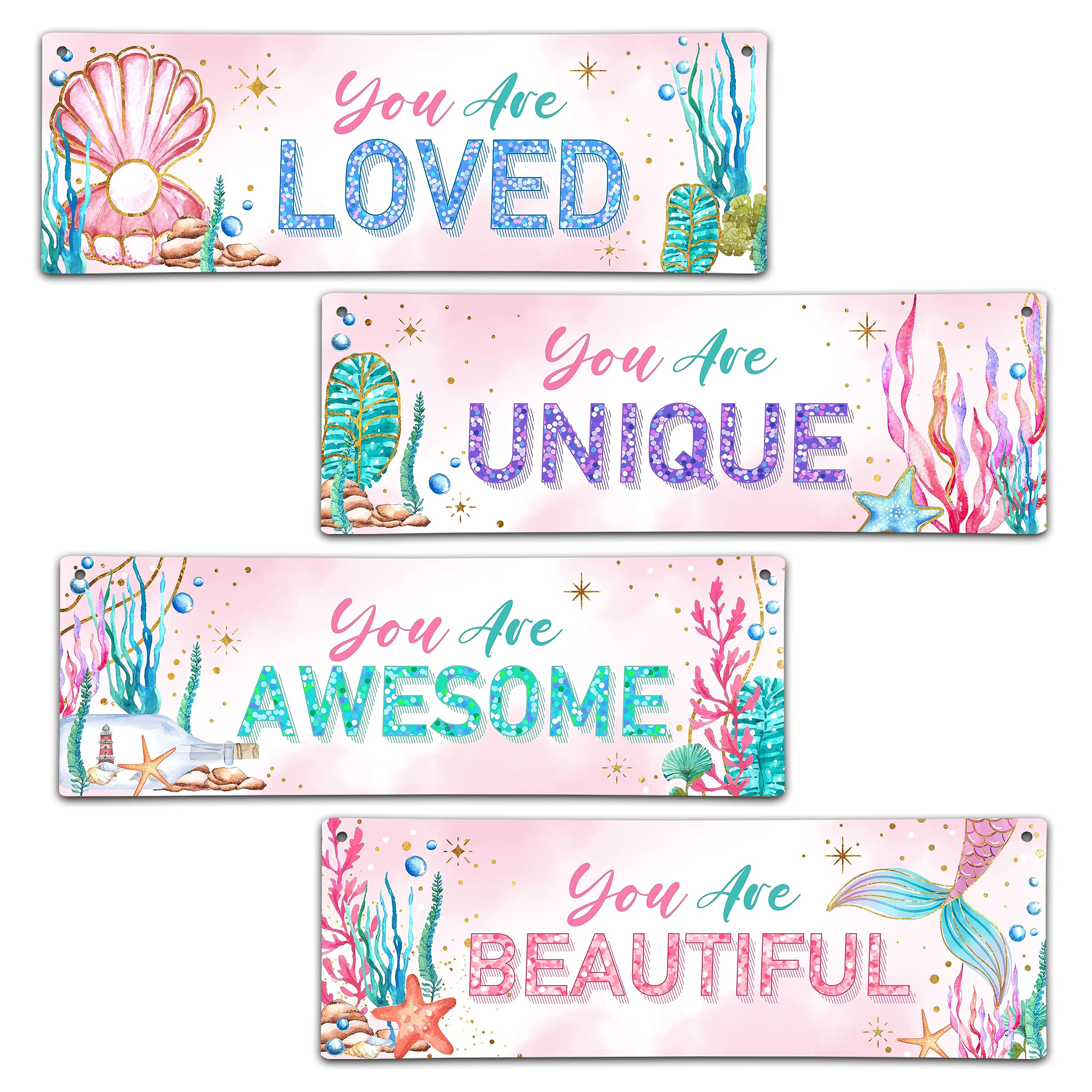 4 Pieces Mermaid Girls Bathroom Room Decor, 11.8" x 3.9" Under the Sea Wall Decor Wood Sign, Motivational Wall Art For Kids Room Nursery Playroom Classroom-A07