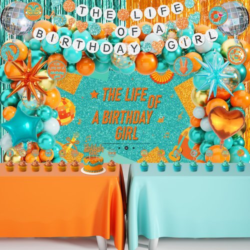 133 Pcs Life of A Birthday Girl Party Decorations, Birthday Decorations for Girls Included Swirls, Banner, Cake Topper, Balloons, Tablecloth, Backdrop, Rain Curtain for Party Supplies