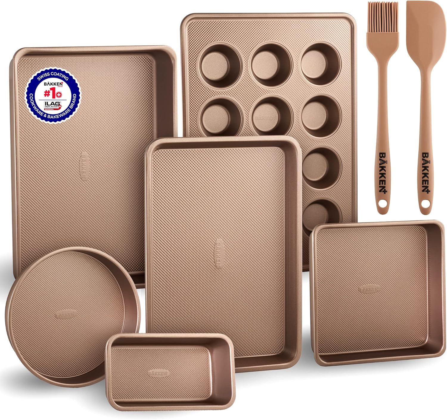 Regine Switzerland Bakeware Set - 8-Piece Non-Stick Professional Baking Pans - Gold Muffin & Loaf Pan