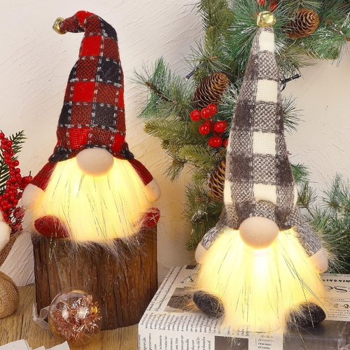 Juegoal Lighted Christmas Gnomes - 12 Inch Handmade Plush Scandinavian Tomte with Buffalo Plaid Hat | Battery Operated Holiday Decor