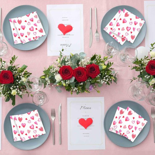 100 Pink Heart Cocktail Beverage Napkins Disposable Paper Love Hearts Dessert Napkin for Valentine's Day Wedding Party Supplies Tableware Decor