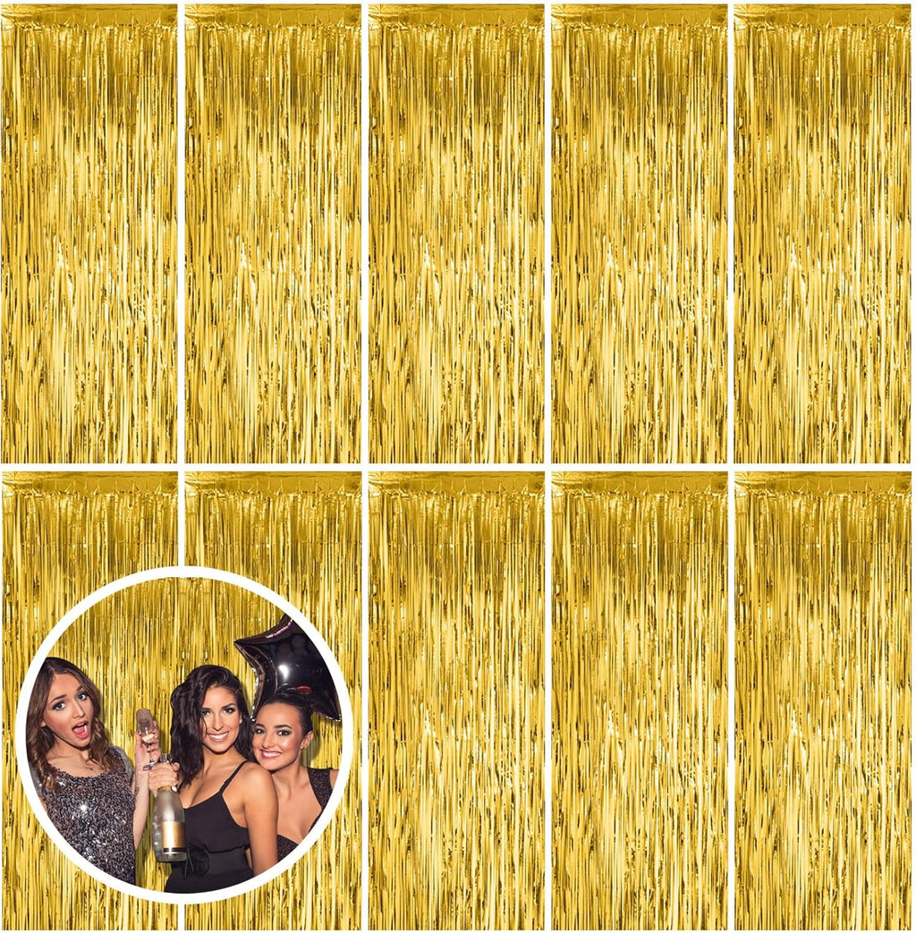 Skiennix Gold Fringe Curtain Backdrop - 10 Pack Tinsel Streamers for Parties & Events | Perfect for Birthdays, Christmas, and Graduations