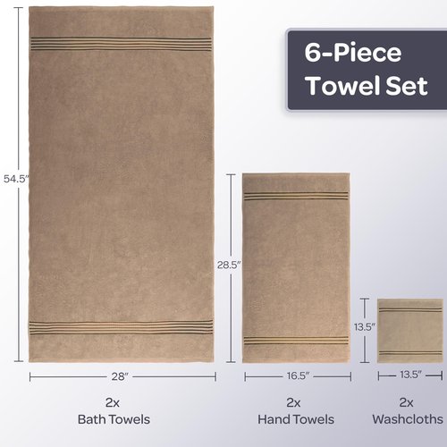 Lavish Home 6 Piece Bathroom Towels Set - 625GSM 100% Cotton Bathroom Essentials with 2 Absorbent Wash Cloths, 2 Hand Cloths, and 2 Bath Towel for Shower, Gym, Dorm and Spa (Taupe)