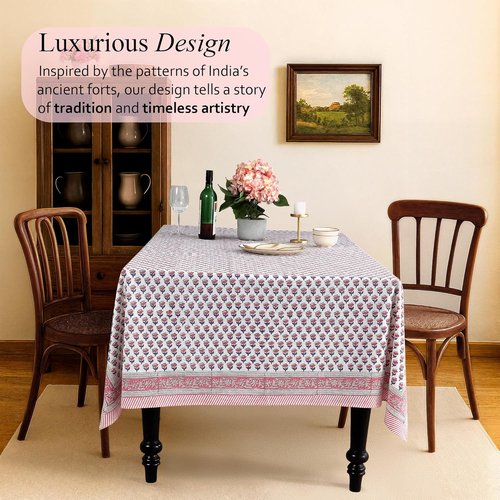 CPC Tablecloth - 100% Cotton Square Table Cover | 60x60 Inch Indian Block Print - Pink Sapphire
