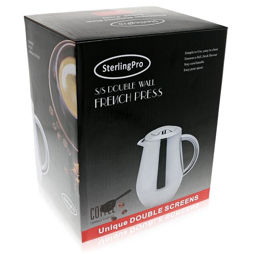 SterlingPro Stainless Steel French Press Coffee Maker Large 1 L (34 oz) with 2 Extra Filters Silver – Double Walled Insulated Coffee Press Keeps Drinks Hot, Easy to Use, Stylish Design for Rich Flavor