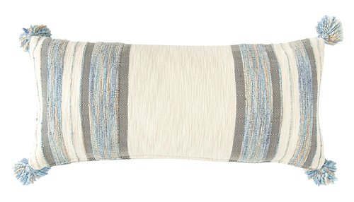 Blue, Grey & Cream Striped Cotton Blend Lumbar Pillow with Tassels