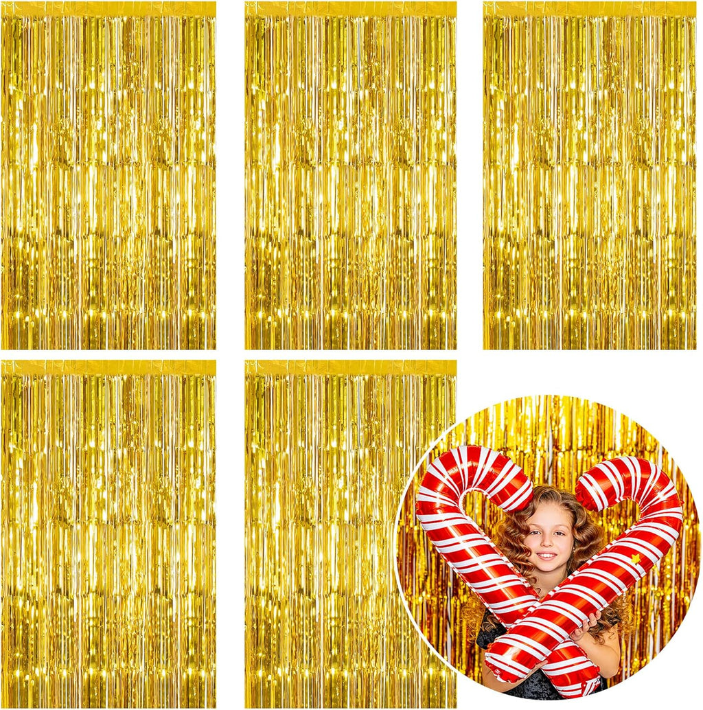 Skiennix Gold Metallic Tinsel Foil Fringe Curtains - 5 Pack Photo Booth Backdrop for Parties & Celebrations