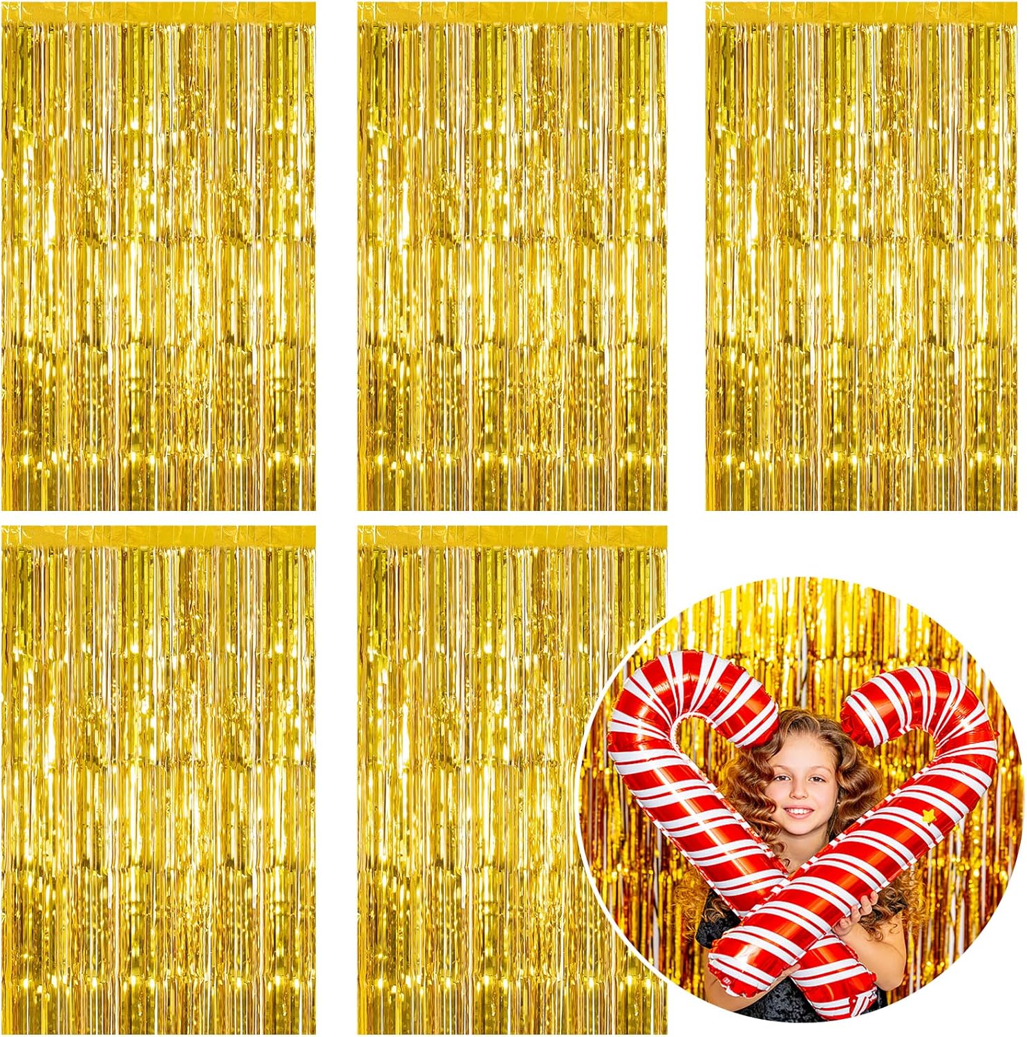 Skiennix Gold Metallic Tinsel Foil Fringe Curtains - 5 Pack Photo Booth Backdrop for Parties & Celebrations