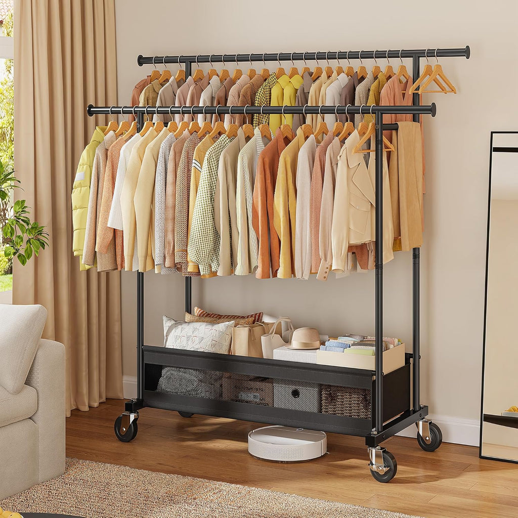 Skiennix Double Rod Clothing Rack - Rolling Garment Rack with Storage Basket & Heavy-Duty Wheels | Black