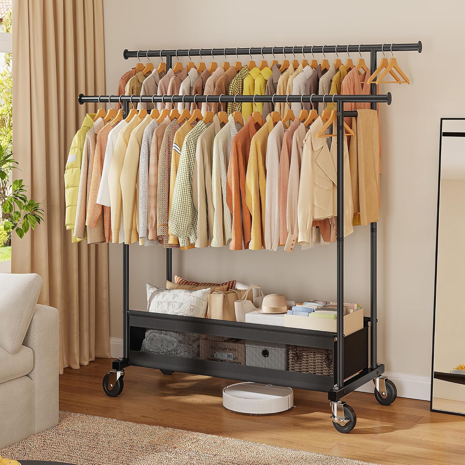 Skiennix Double Rod Clothing Rack - Rolling Garment Rack with Storage Basket & Heavy-Duty Wheels | Black