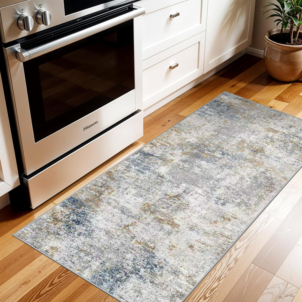 Skiennix Modern 2x5 Hallway Runner Rug - Abstract Washable Ultra Soft Non-Slip Carpet | Blue/Beige