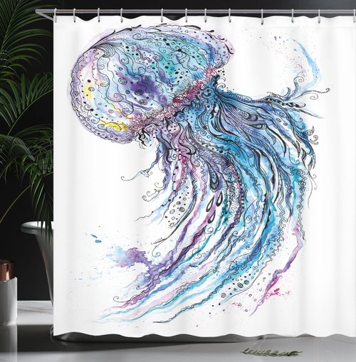 Ambesonne Jellyfish Shower Curtain, Aqua Colors Art Ocean Animal Print Sketch Style Creative Sea Marine Theme, Cloth Fabric Bathroom Decor Set with Hooks, 69" W x 84" L, Blue White