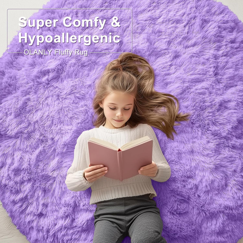 OLANLY Purple Round Area Rug - Soft, Fluffy, Machine Washable 9 ft Circle Carpet for Bedrooms & Nurseries