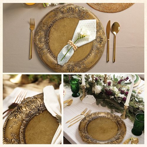 Mifoci Antique Gold Charger Plates Set of 12 Plastic Gold Chargers for Dinner Plates Decorative 13" Round Plate Bulk with Embossed Rim for Dinner, Party, Wedding