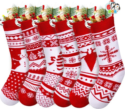 JOYIN 6 Pack Christmas Knit Stockings - Large Rustic Yarn Design with Snowflake & Reindeer | 18" Holiday Decor