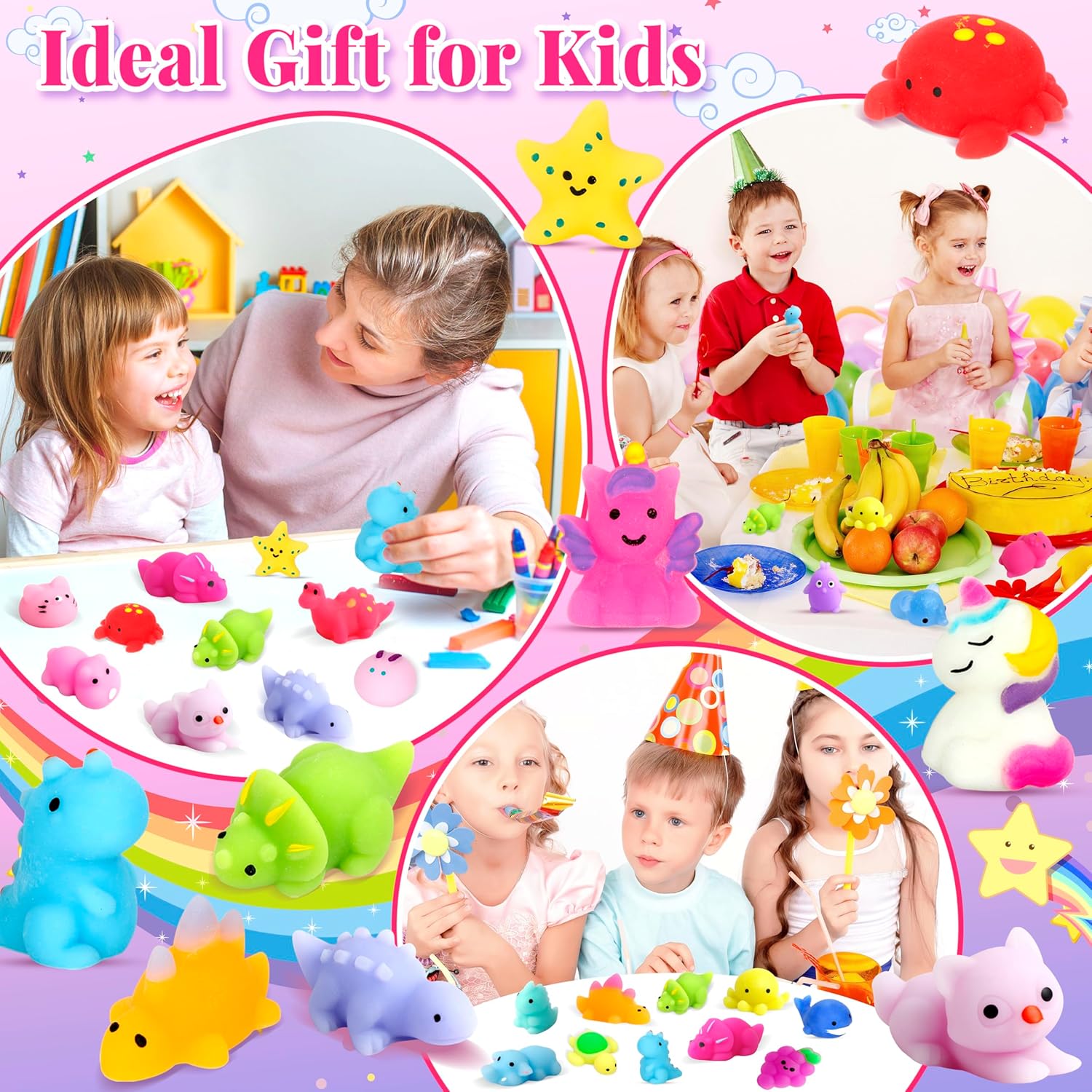 Skiennix 150 Pack Mochi Squishy Toys - Kawaii Stress Relief Party Favors for Kids | Perfect Birthday & Easter Gifts