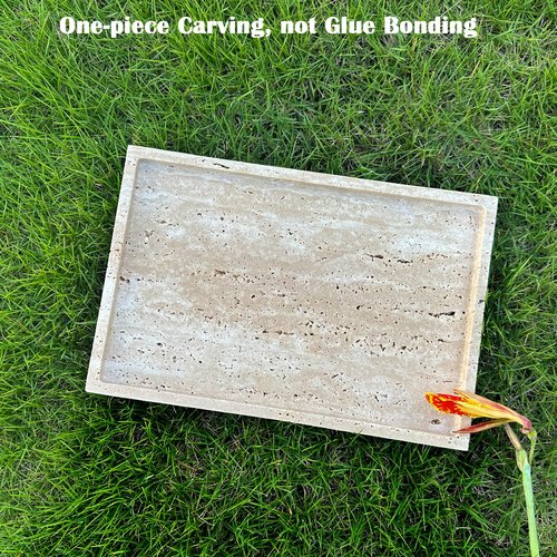 OAIQNUJ Travertine Stone Tray for Coffee Table, 12 x 8 inch Rectangle Marble Vanity Tray for Bathroom Countertop, Decorative Dish for Perfume Jewelry (Beige Travertine)
