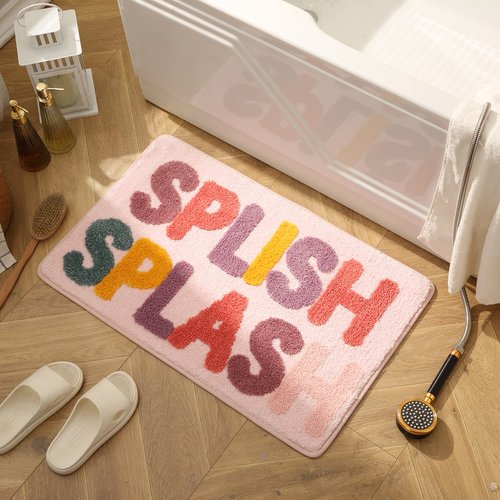 DBJOY Kids Bath Rugs Microfiber Bathroom Non-Slip Mat Washable Cute Bath Mat for Kids Modern Absorbent Funny Letters (Splish-Pink, 20"x32")