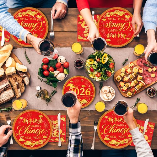 Greencian 200Pcs Chinese New Year Decorations Lunar New Year Paper Plates and Napkins Spring Festival DisposableTableware for 2026 Happy Chinese Spring Festival Decorations Serves 50