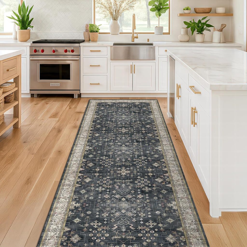 Skiennix Black Boho Runner Rug - Washable, Non-Slip, Soft & Stain Resistant | 2x6 ft for Hallway, Kitchen & Bedroom